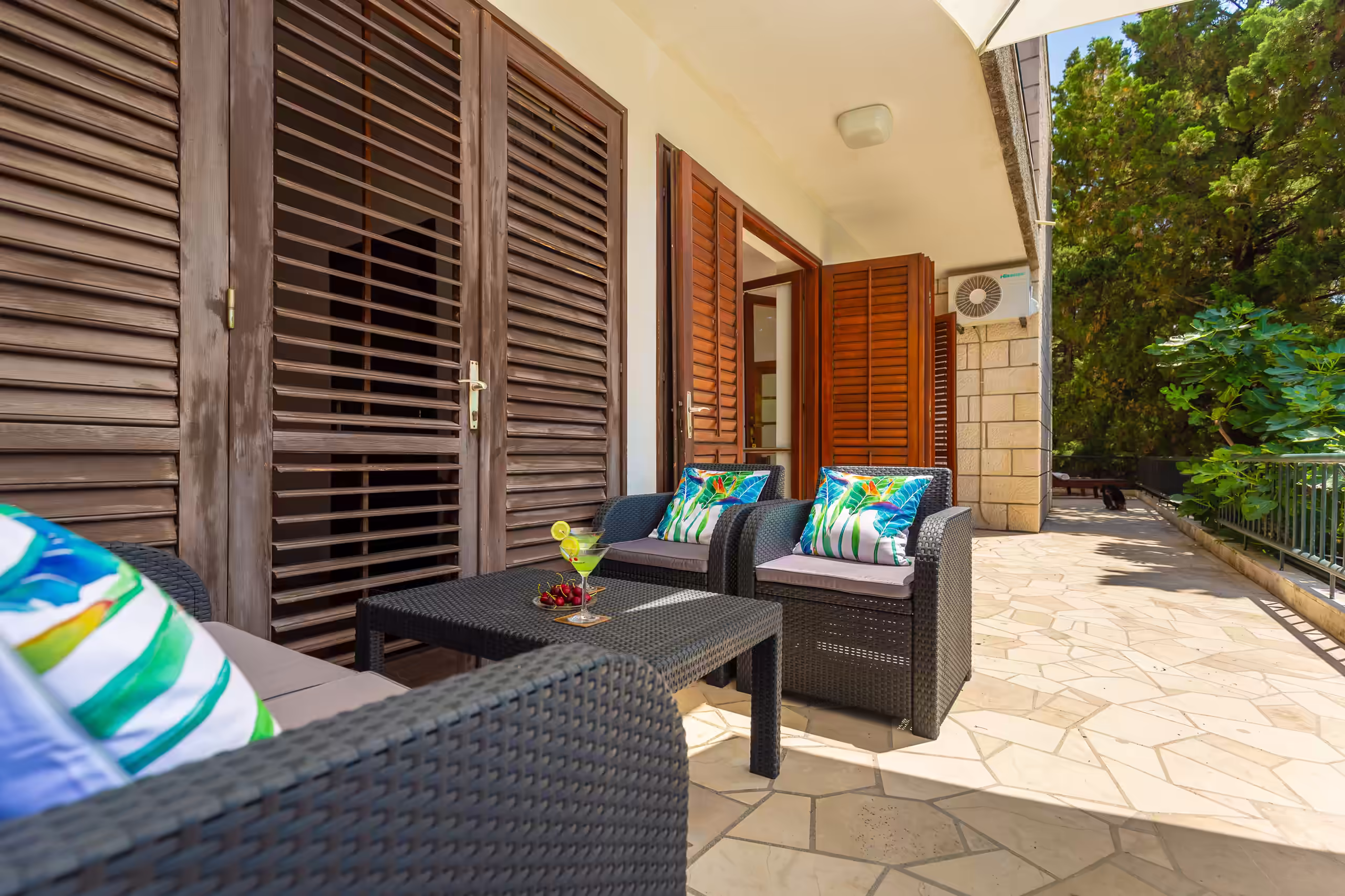 Terrace lounge seating overlooking Lapad Bay in Dubrovnik